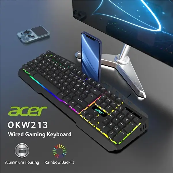 Acer OKW213 Siyah RGB Rainbow Backlit Gaming Keyboard Rainbow