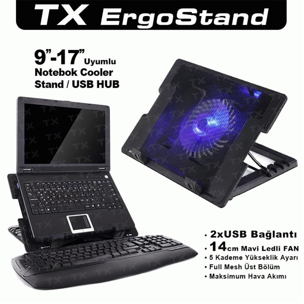 TX ACNBERGST ErgoStand 14cm Led Fan'lı 5 KademeLİ 2xUsb 9''-17'' Notebook Soğutucu/Stand