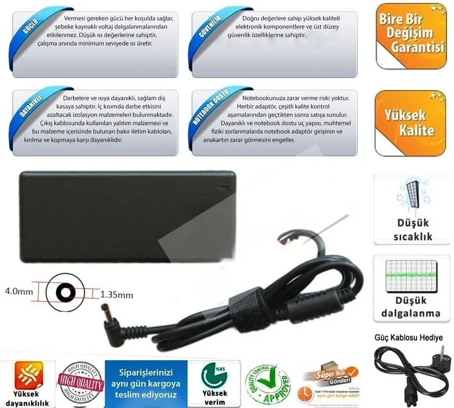 Asus Uyumlu 19v 3.42a 4.0 x 1.35mm 4.0.1.3 ince uç Muadil ZenBook UX21A, UX31A, UX32 UX301, UX303, UX305, Taichi 21 31, X540 X541 X542 x553 f541 R541 a541 X553 S432f X556 X202 TP300 F200 D509 D515 X409 X509 X415 X512 pa-1650-33 Adaptör Şarj Cihazı