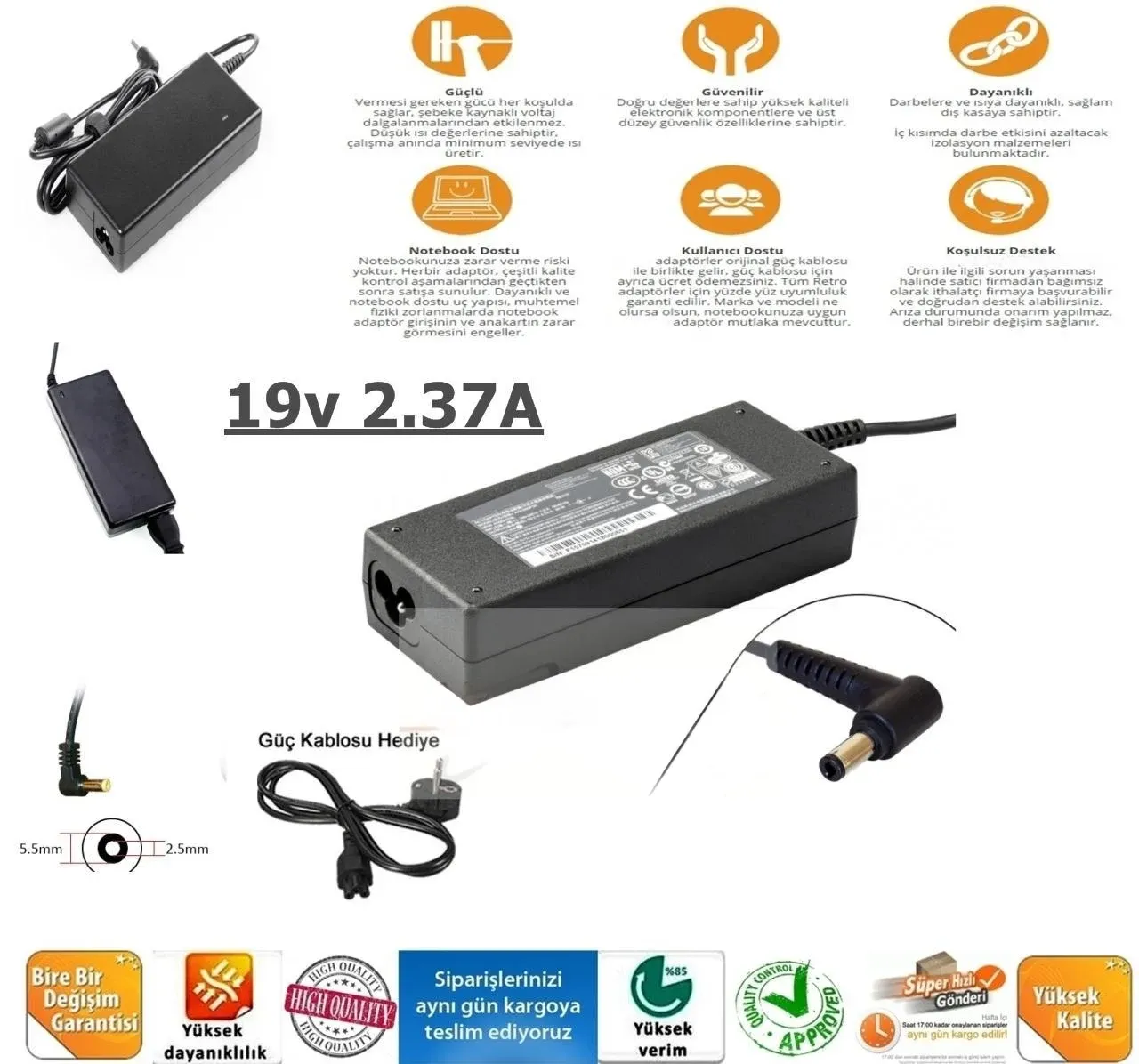 Toshiba Casper Lenovo 19v 2.37a 5.5 2.5 45w Adaptör şarj cihazı
