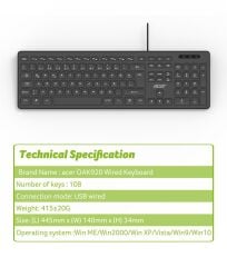 Acer OAK920 Q Usb SİYAH 1.8mt Kablolu Klavye/Tek Tuş Hesap Makinalı (Sessiz Tuş)