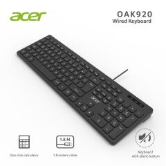 Acer OAK920 Q Usb SİYAH 1.8mt Kablolu Klavye/Tek Tuş Hesap Makinalı (Sessiz Tuş)