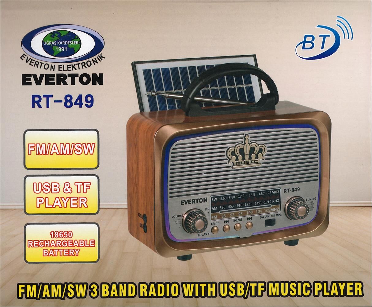 Everton Rt-849 Bluetooth Fm/Usb/Tf/Aux Şarjlı Nostaljik Radyo Güneş Panelli