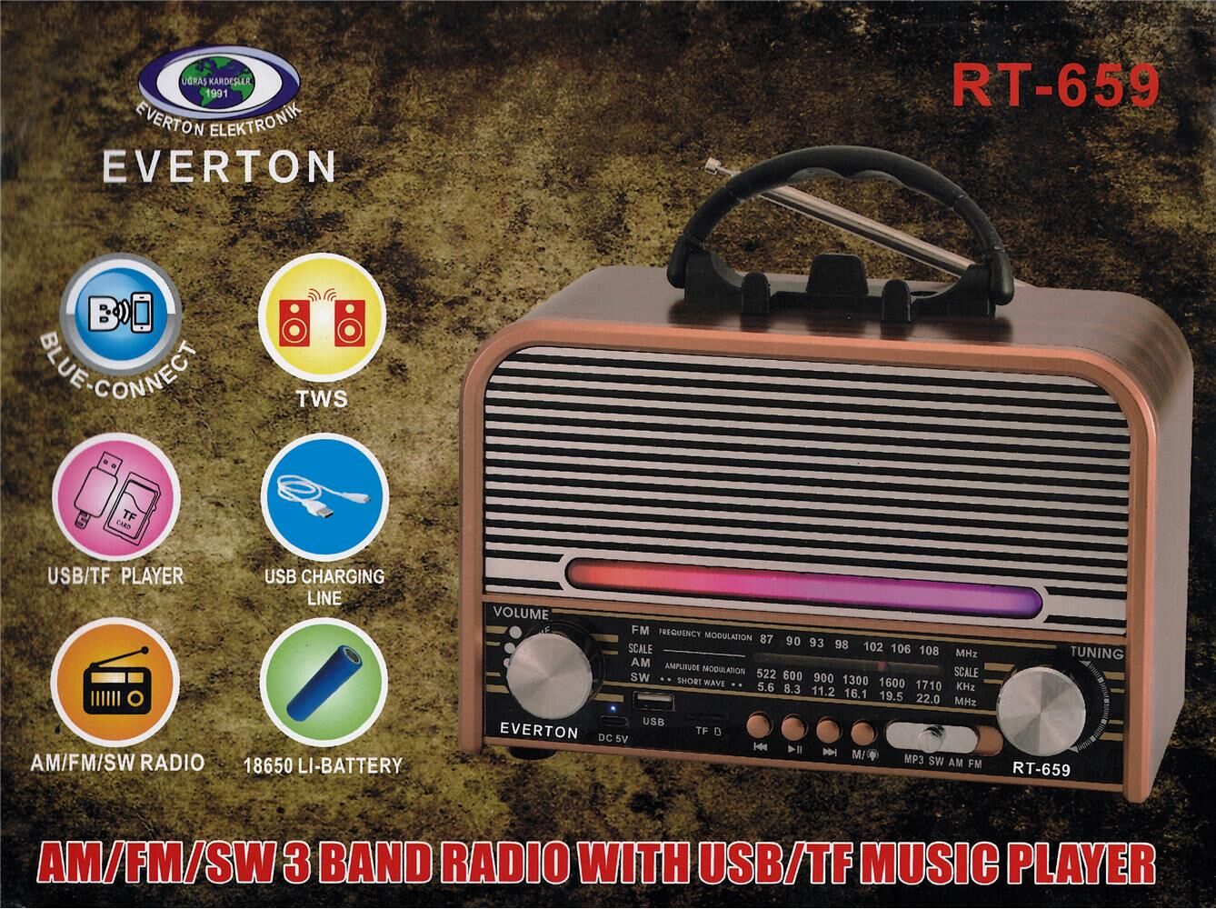 Everton Rt-659 Bluetooth Fm/Usb/Tf/Aux Şarjlı Nostaljik Radyo