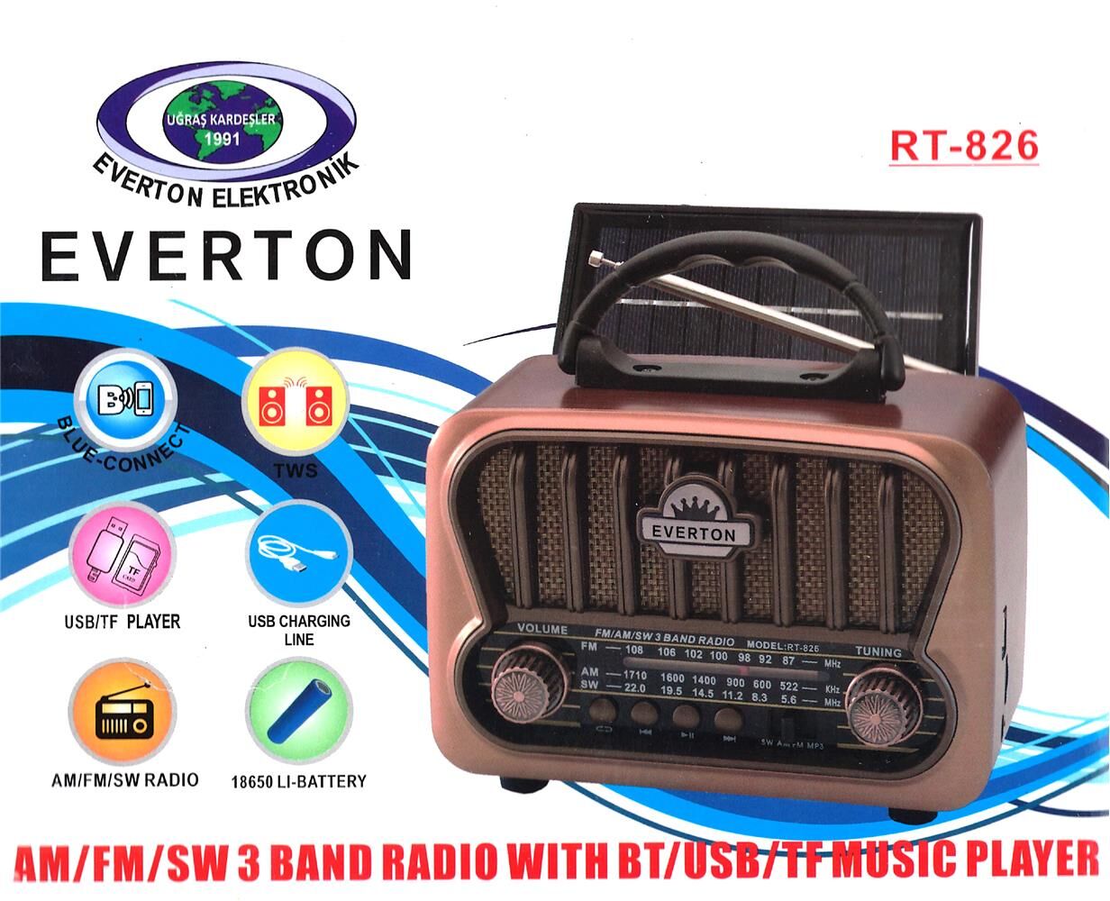 Everton RT-826 Bluetooth-USB-SD-FM Şarjlı Nostaljik Radyo Güneş Panelli