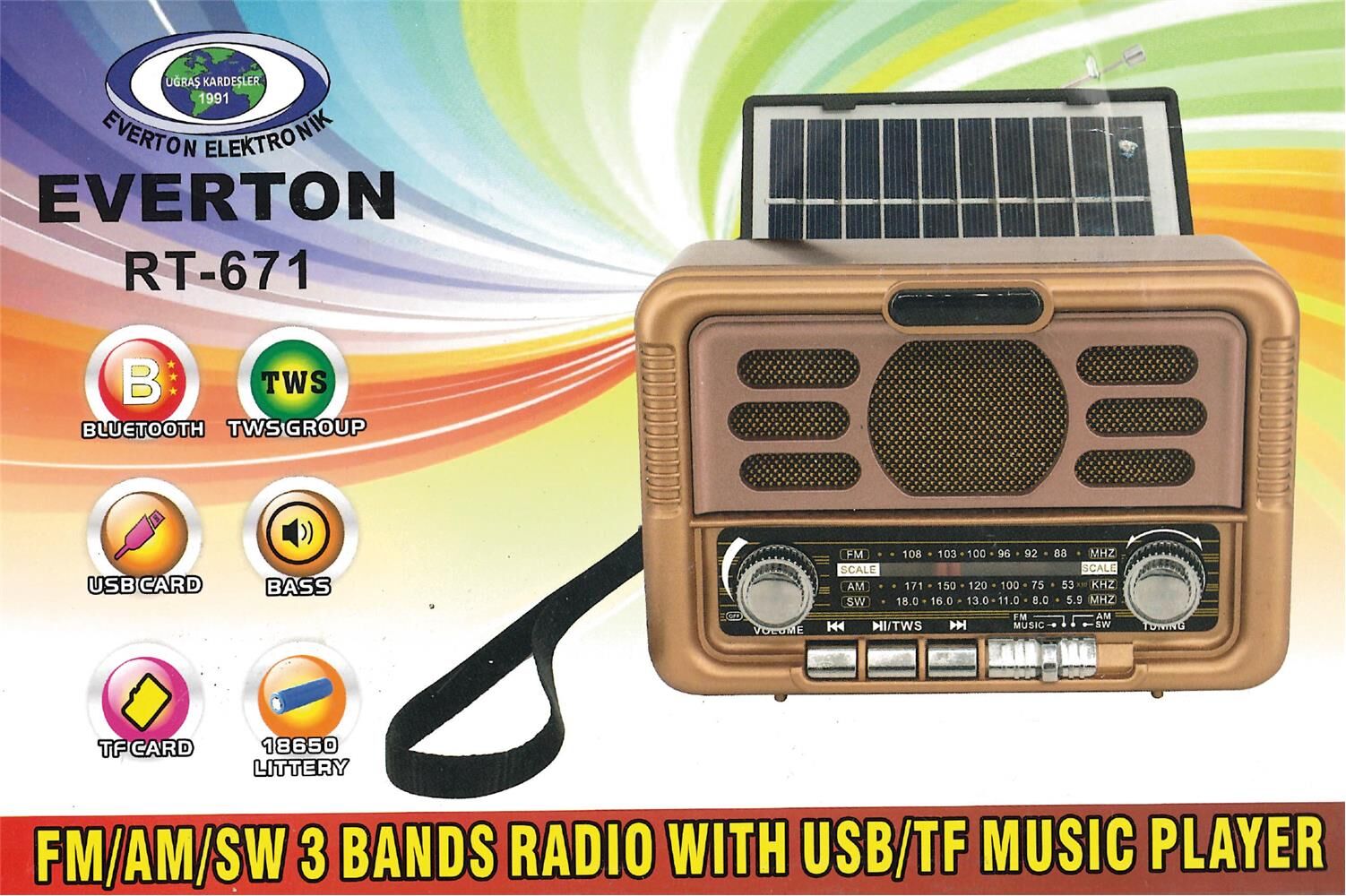 Everton Rt-671 Bluetooth Fm/Usb/Tf/Aux Şarjlı Solar Nostaljik Radyo Güneş Panelli