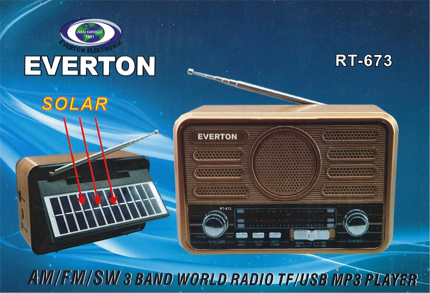 Everton Rt-673 Bluetooth Fm/Usb/Tf/Aux Şarjlı Solar Nostaljik Radyo