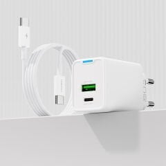 Recci RC108E GaN Teknolojili Hızlı Şarj Başlığı Type-C to Type-C PD 45W Kablolu Şarj Seti Beyaz