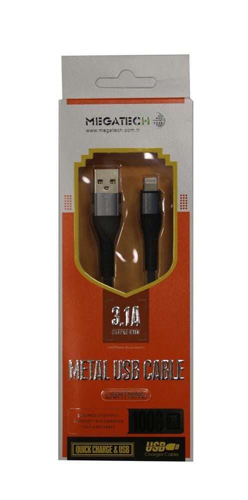 Megatech 3.1A Örgülü A Serisi IPH7 Data Kablosu Gri/Siyah