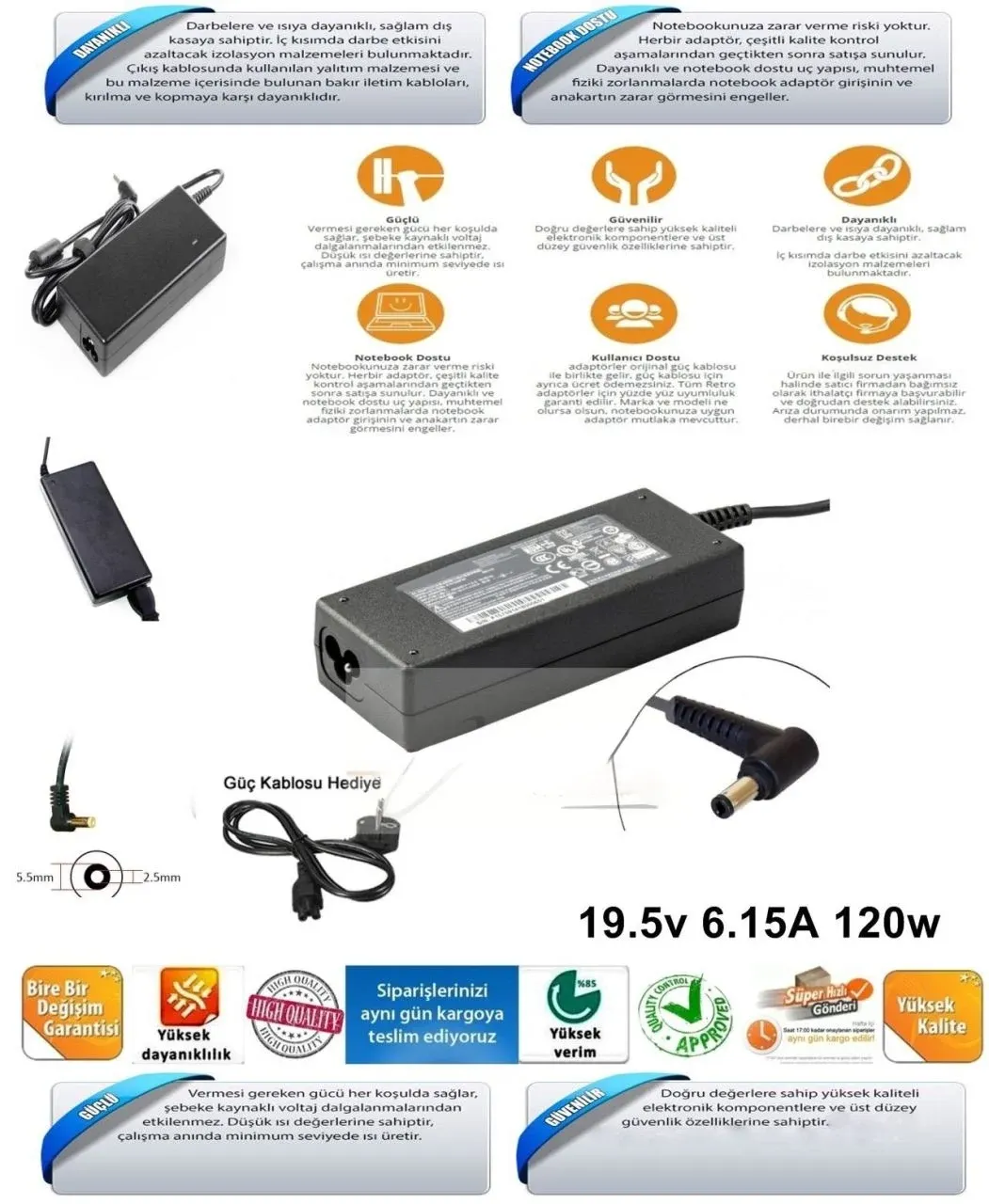 Monster Toshiba Casper Lenovo Msi Uyumlu 19v 6.3a 120w 5.5x2.5mm Standart Uç Adaptor Şarj Aleti