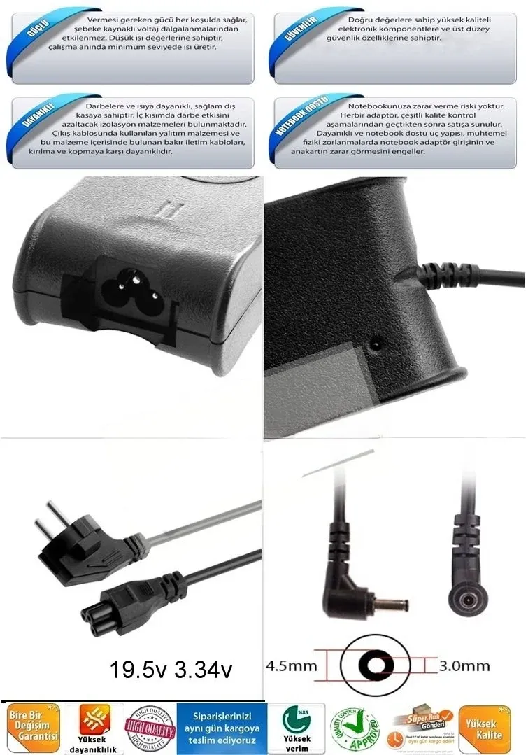 Dell 19.5v 4.62A Ultrabook Adaptörü Şarj Cihazı 4.5 x3.0mm ince uç 0MGJN9 65w 4.5MM X 3.0MM DA45NM140, DA65NM111-00, HA65NS5-00, HK45NM140, Adaptör Şarj Cihazı 3RG0T, GM456, 0JT9DM, JT9DM, 43NY4, 4H6NV,5K74V, TJ76K, 5NW44, 70VTC, 74VT4, G6J41,