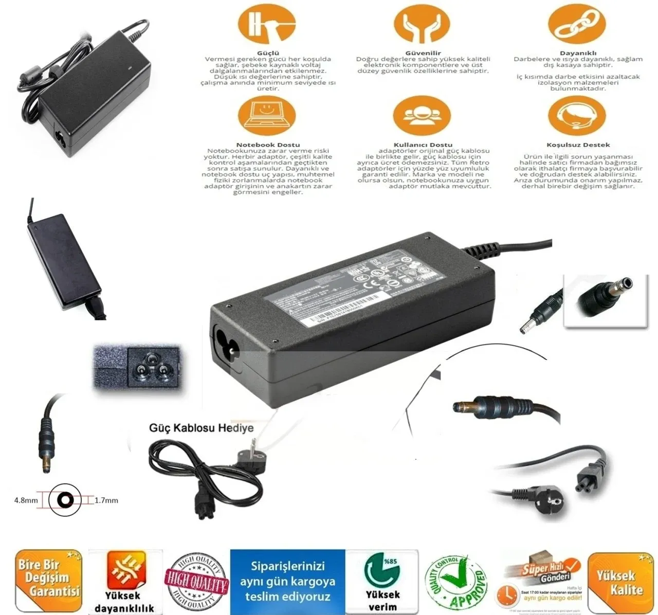 Hp Bullet Çivi Uç Pavilion Compaq 4.8 x 1.7 mm - Siyah uç (bullet) 90W Notebook Adaptörü, Laptop Adaptörü c700 Dv1000 Dv2000 Dv4000 Dv5000 Dv6000 Dv9000 V6000 C700 V6500