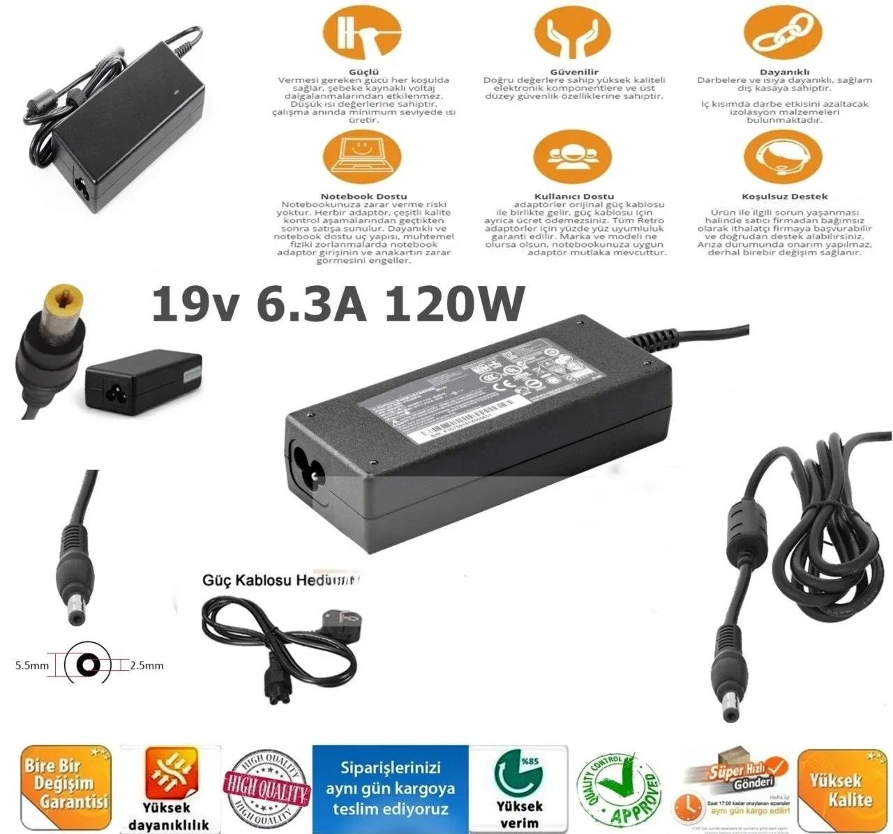 Asus, Msi Toshiba Casper Lenovo Liteon 19V-6.3A, 5.5.2.5 120W Notebook Adaptörü, Laptop Adaptörü