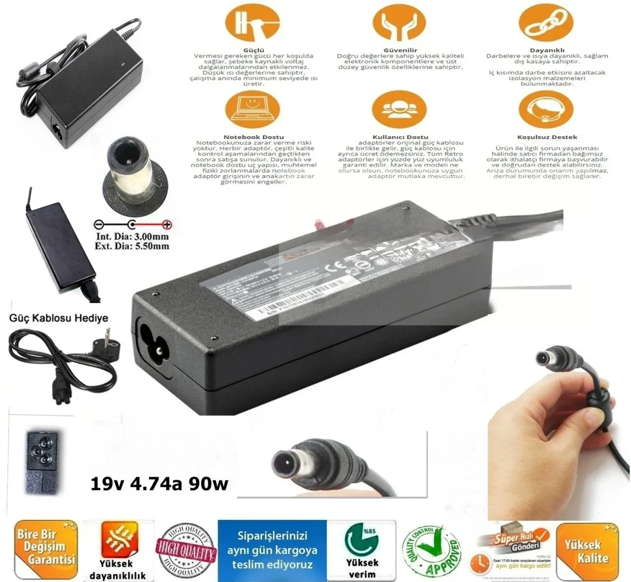 Samsung 5.5mm*3.0mm 19V,4.74A(19V*4.74A=90W) İgne Uç Notebook Adaptörü, Laptop Adaptörü