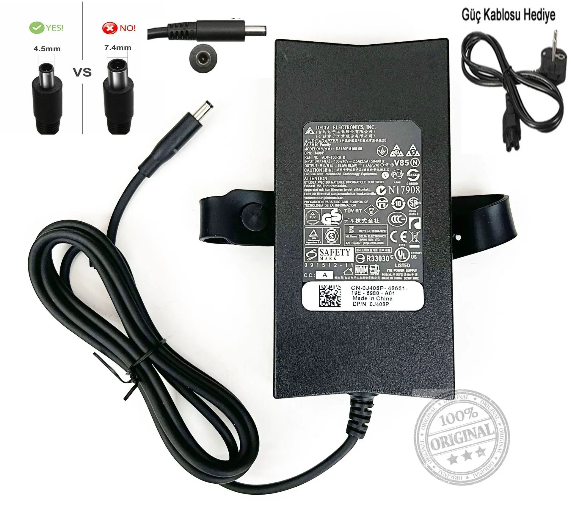 Dell Orjinal 19.5v 7.7A 150w 4.5x3.0mm Adaptör Şarj Cihazı XPS 15 9530/9550/9560/9570/7590;Precision M3800/5510/5520/5530;OptiPlex 3050 AIO/ DA130PM130, 06TTY6, 6TTY6, 332-1829, TX73F 06TTY6/0V363H/09TXK7/0RN7NW, DA130PM130/ HA130PM130 DA130PE1-00