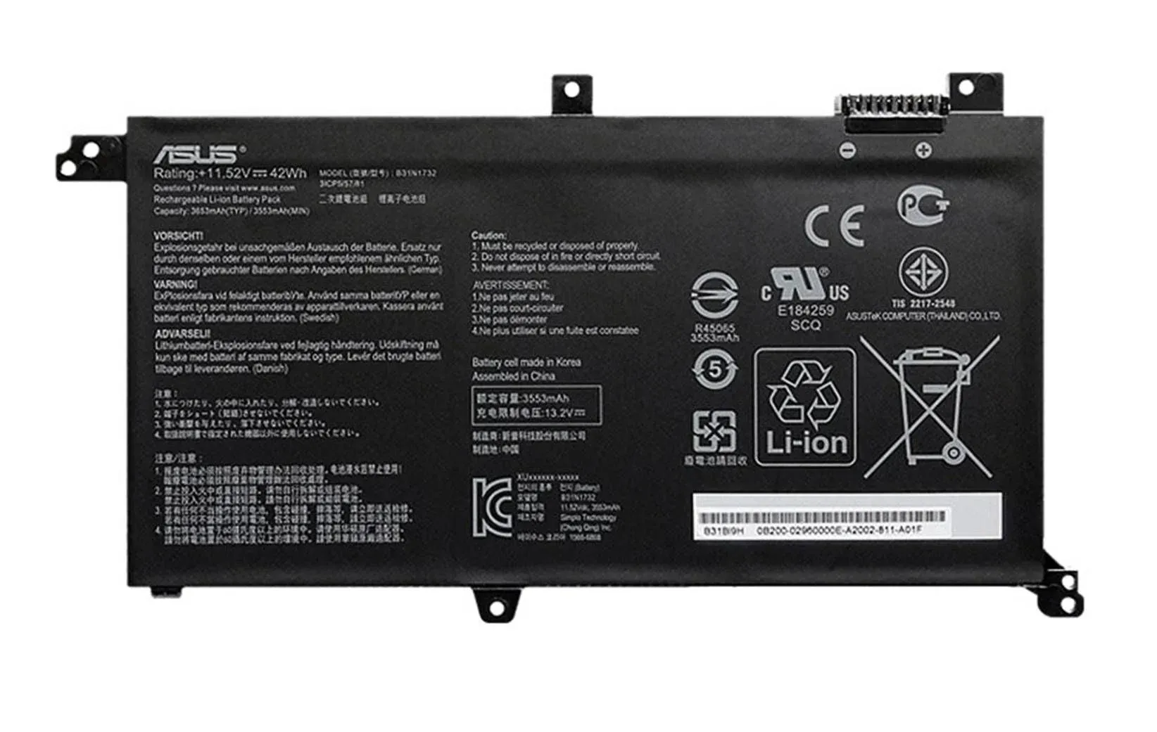 Asus Orjinal S14 S430F, X430U S430FN, X430UA X430UN, X430UF X430FA, X430FN B31n1732 B31N1732-1 VivoBook 15 X571G, X571L X571GD, X571GT X571LI, X571LH A571, F571, FX571, K571 NX571, RX571, S571 X571g, X571gd, X571lh, X571lı, X571gt V430 UX502VD Batarya