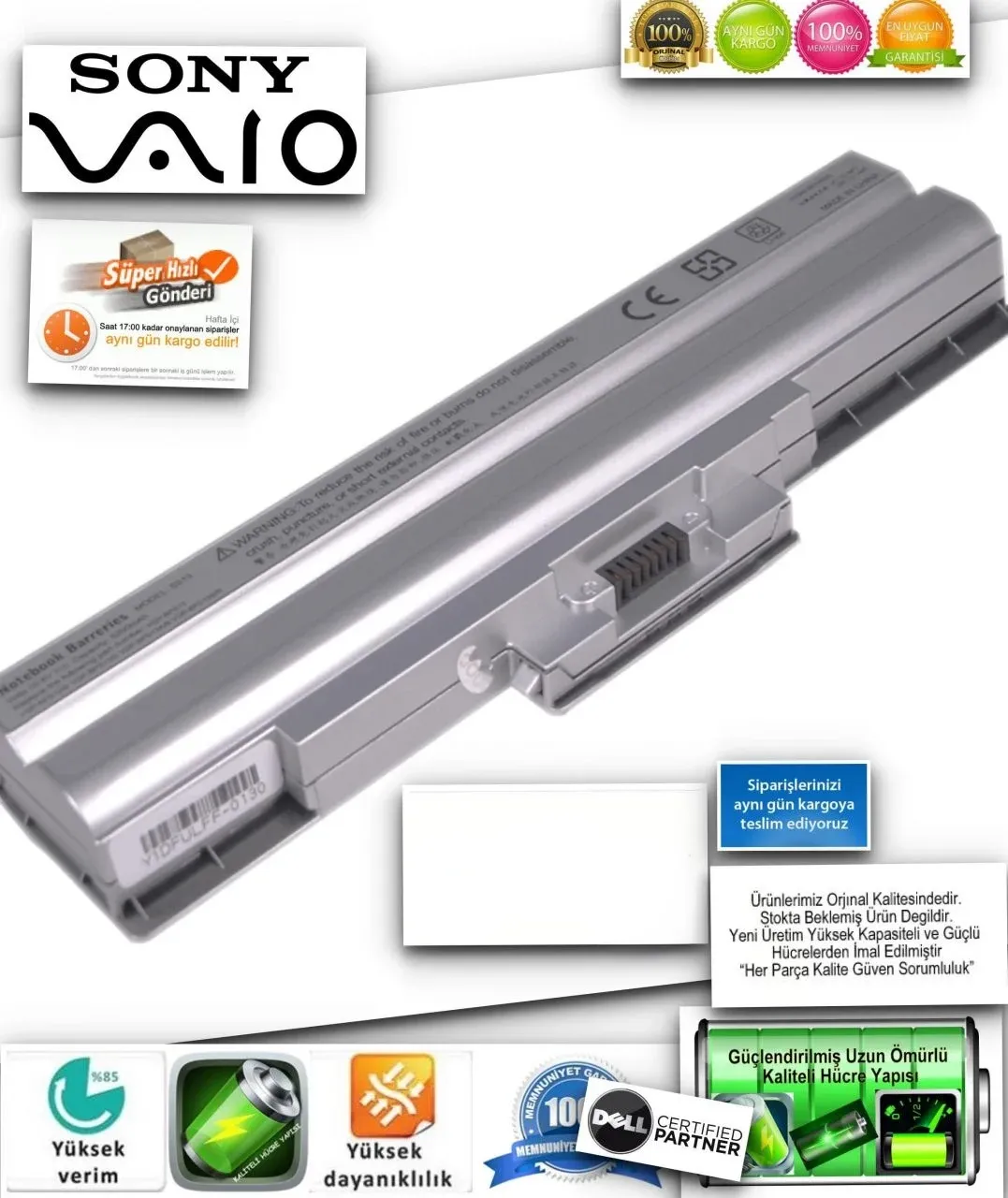 Sony Silver Gümüş renk Bps13/s VGP-BPL13, VGP-BPS13, VGP-BPS13A/B, VGP-BPS13B/S, Sony Vaio VGN-AW, VGN-CS, VGN-FW, VGN-NS, VGN-NW, VGN-SR, VGN-TX Batarya VGP-BPL13, VGP-BPS13, VGP-BPS13B,