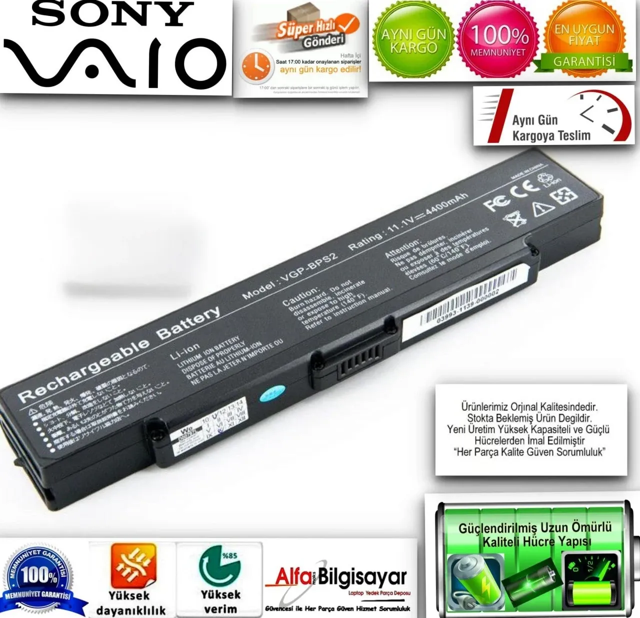 Sony Vaio VGP-BPS2, VGP-BPS2A, VGP-BPL2, VGP-BPL2C, Sony Vaio VGN-FS, VGN-SZ, VGN-FE, VGN-FJ, VGN-AR Serisi, Laptop Battery