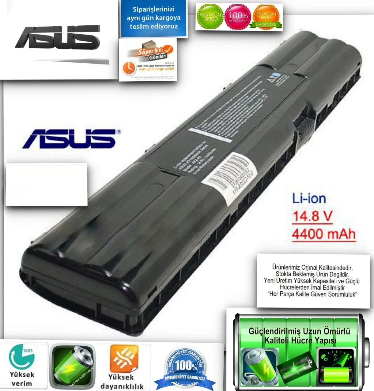 Asus A3, A3E, A3N, A6, A7, A3000, A6000, G1, Z91, Z9100, Laptop Bataryası, A42-A3, 14.8V, 4400mAh Asus A3, A3E, A3N, A3000, A3000E, A3500N, A6, A6J, A6VJ, A6Vm, A6000, A6000Vm, A6000Ja, Z91, Z92 Pil, Asus A41-A3, A41-A6, A42-A3, A42-A6 Batarya
