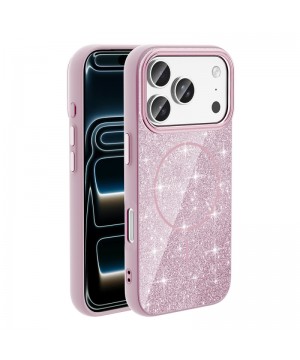Apple iPhone 17 Pro Kılıf M-safe Şarj Özellikli Parlayan Simli Zore Okso Kapak - Pembe